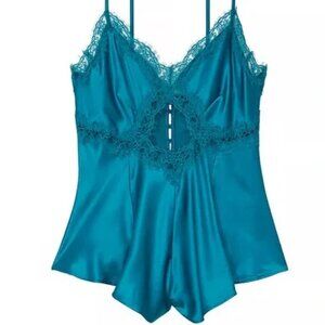Blue Teal Victoria’s Secret Stretch Satin Cutout Romper Small